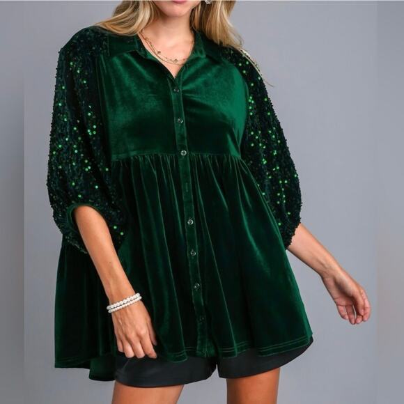 Umgee Plus Women 2XL Hunter Green Button Down Sequin Sleeve Tiered Top Holiday - Picture 1 of 9